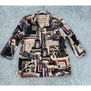 Onque Casual Zippered Jacket Floral Paris  3/4 Sleeve Newspaper Detail Size XL